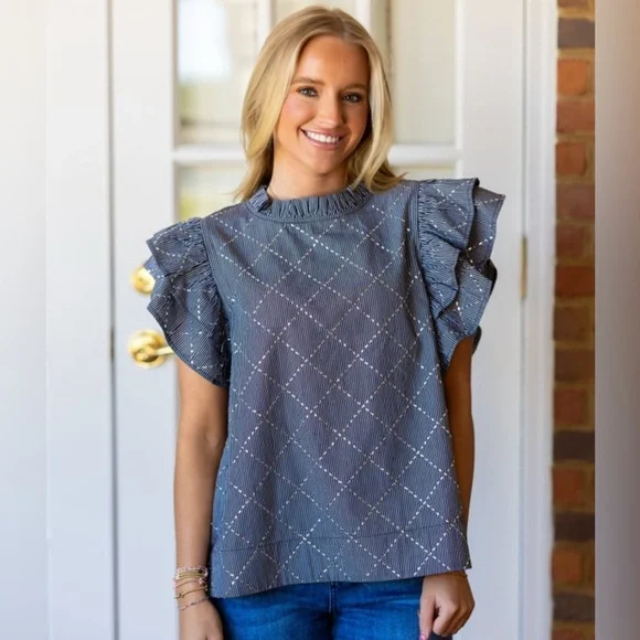 JODIFL Black / White Stripe Ruffled Sleeveless Blouse with sparkle design - Picture 2 of 16